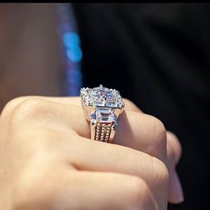 925 silver plated Funky Square Rhinestone Ring Men's Cubic Zirconia Finger Ring